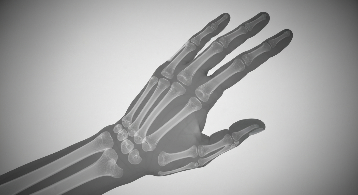 A ghostly, translucent X-ray image revealing the intricate bone structure and veins of an elderly person's hand, conveying the fragility and resilience of family caregiving.