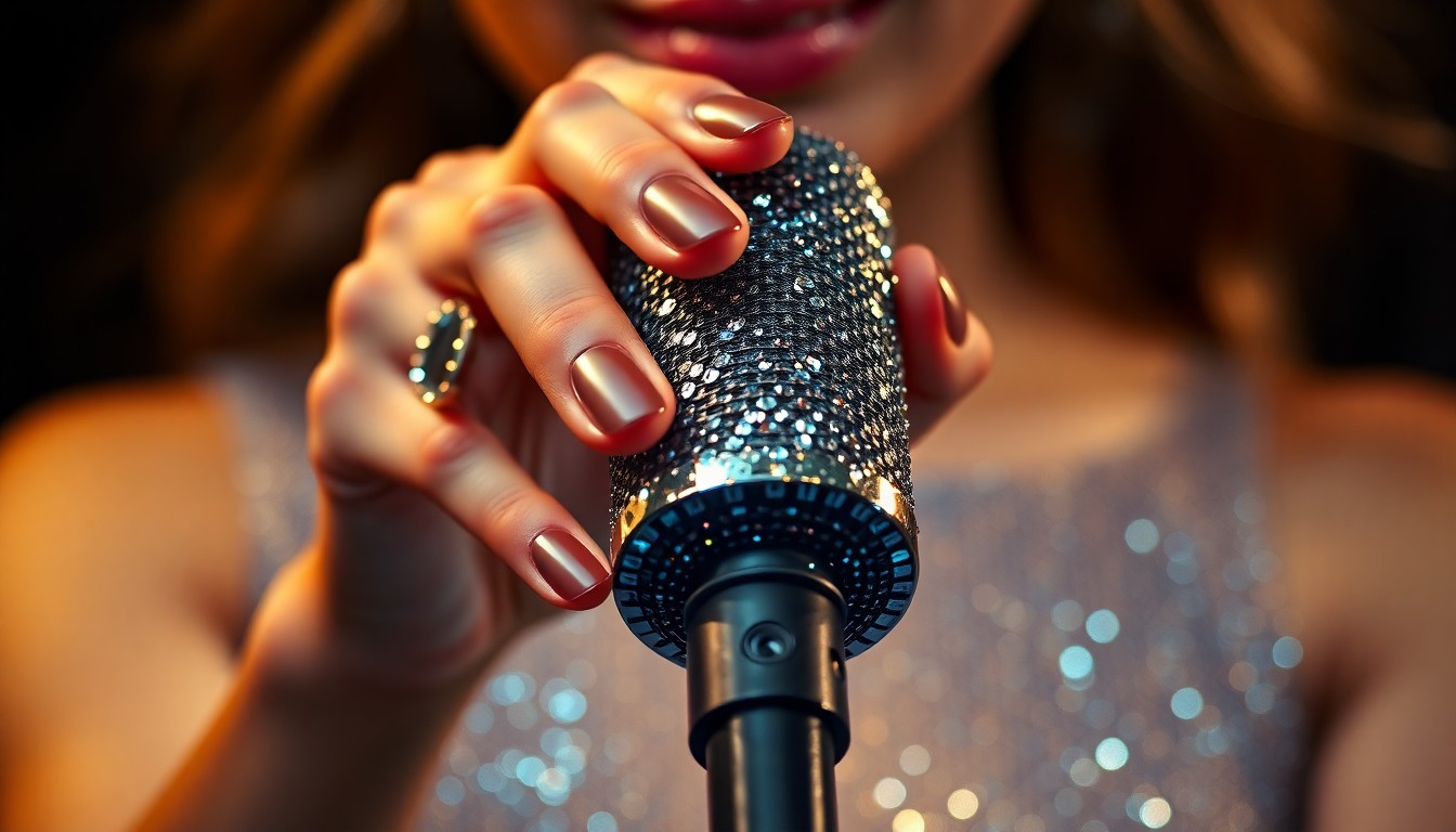 An extreme close-up photograph of Alexia Jayy's hands holding a sparkling microphone, capturing the glamour and high-energy of her music career through dramatic, high-contrast studio lighting and an abstract, textural composition.