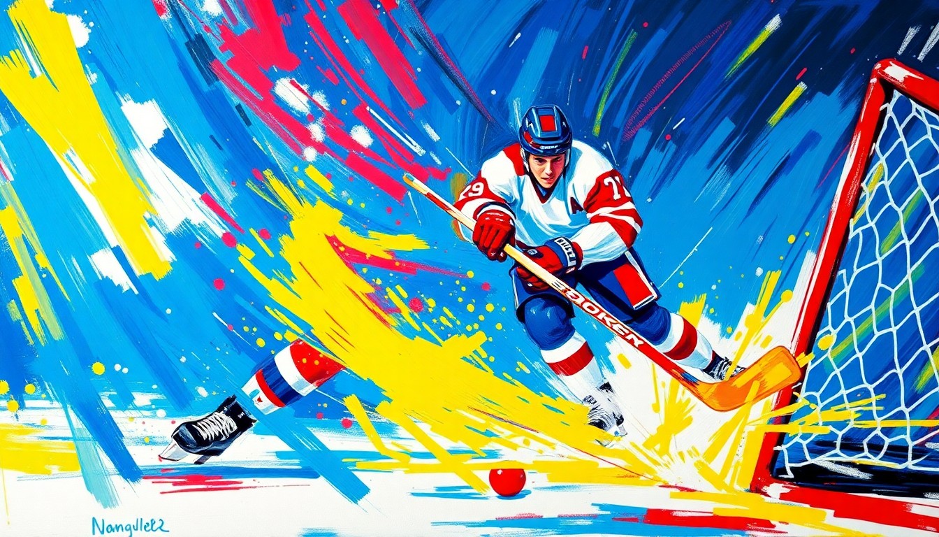 An abstract, energetic painting in the style of LeRoy Neiman, with vibrant brushstrokes of blue, red, and yellow capturing the raw power and movement of a hockey player scoring a goal.