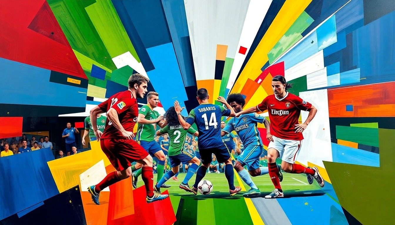 A fractured, multi-perspective painting in bold, clashing colors that captures the energy and action of a soccer match between the Seattle Sounders and St. Louis City, with players and the field deconstructed into sharp, overlapping geometric planes.