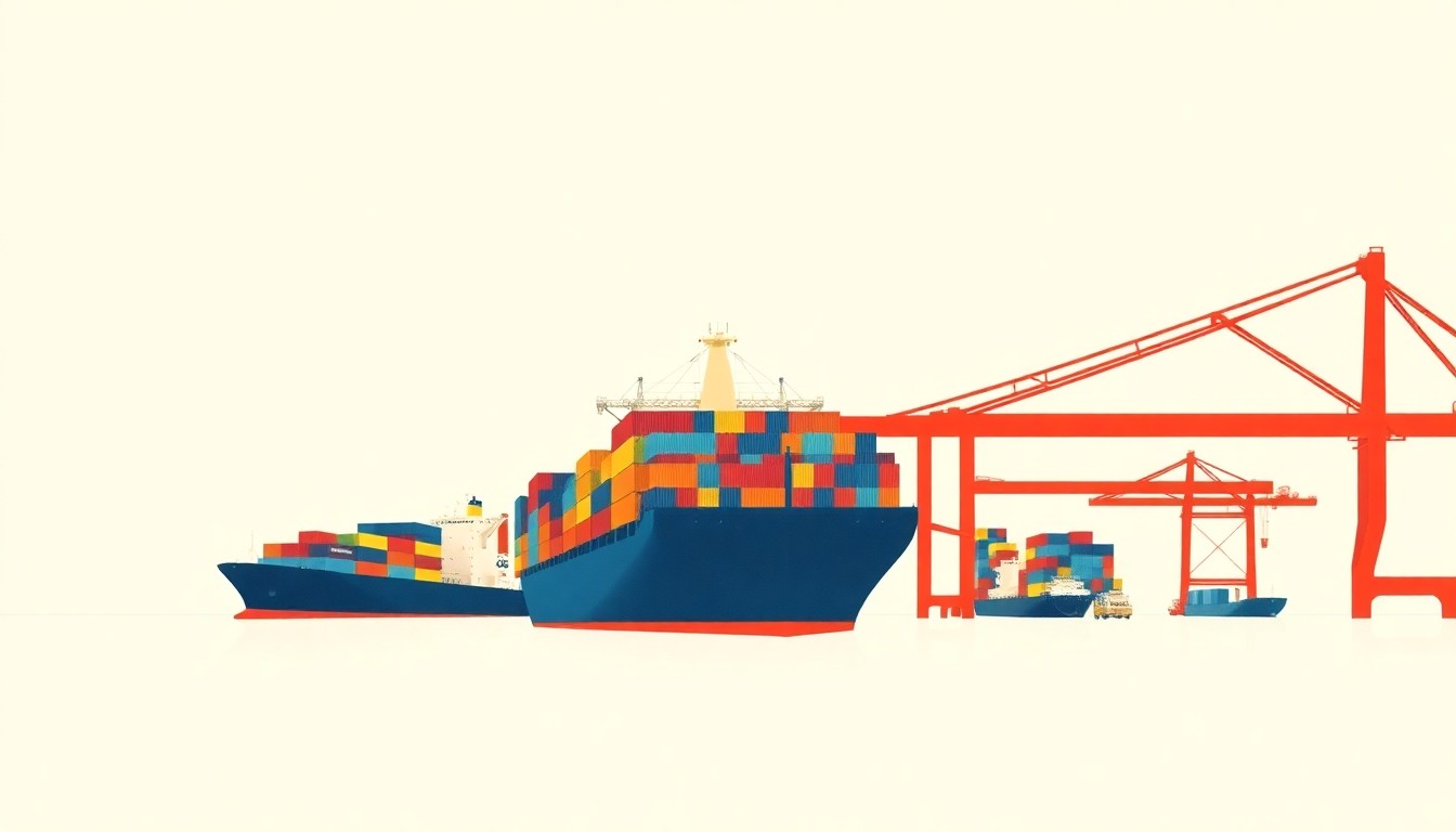 A striking abstract composition of overlapping triangles and rectangles in shades of blue, red, and yellow, conceptually representing the complex web of global supply chains and the economic impacts of disruptions at major ports.