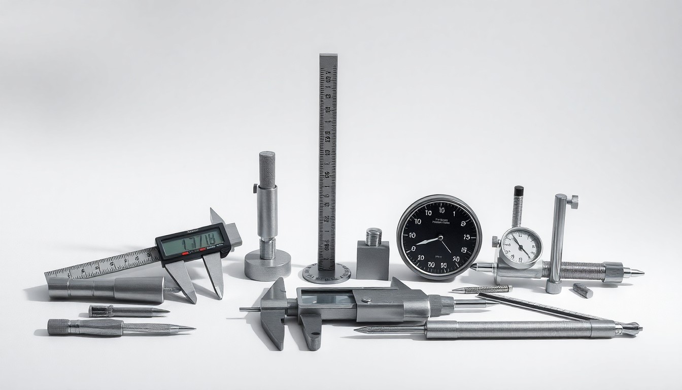 A high-end, photorealistic studio still-life photograph featuring a collection of precision measurement tools and equipment, including calipers, micrometers, and other metrology instruments, arranged elegantly on a clean, monochromatic seamless background, conceptually representing the importance of accurate measurement and calibration in business.