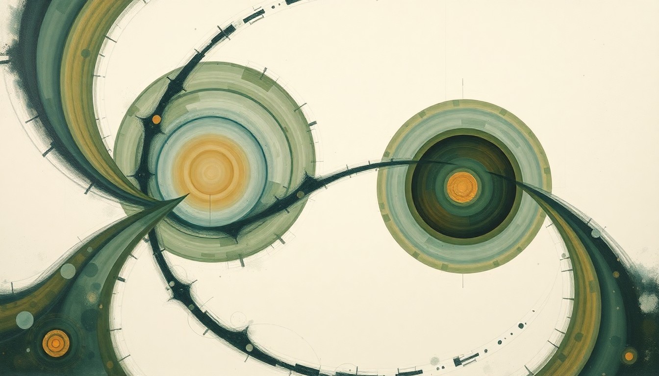 A bold, abstract painting in earthy tones of green, blue, and brown, featuring sweeping geometric arcs, concentric circles, and precise botanical spirals, conceptually representing the complex forces and structures of the interstellar medium that Voyager 1 is exploring.