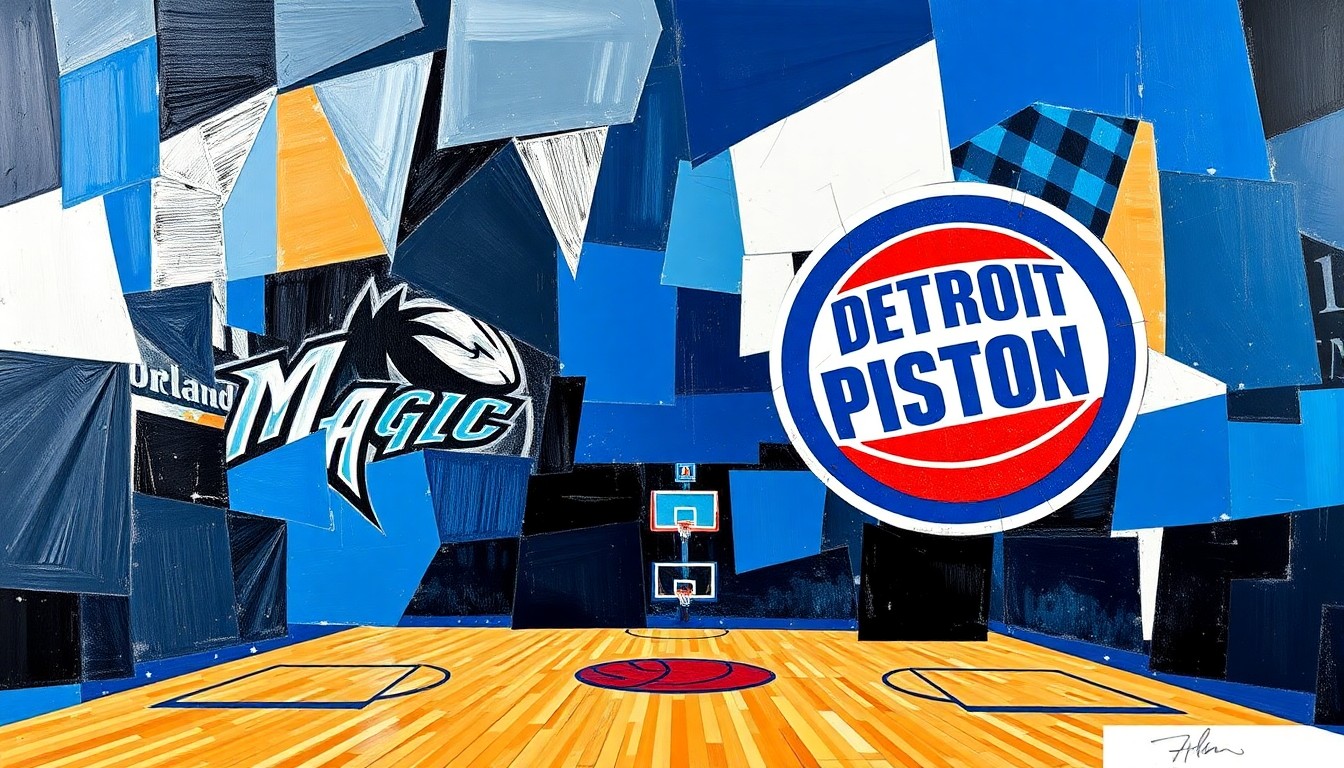 A cubist, geometric painting depicting the action of a basketball game, with the players and court broken down into sharp, overlapping planes of vibrant blue, black, silver, and white colors.