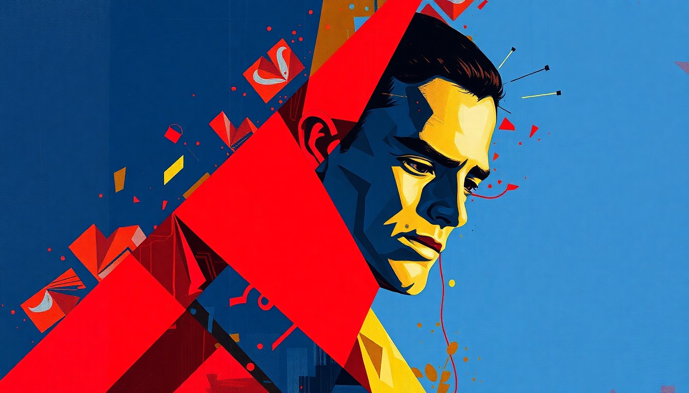 A cubist, geometric painting depicting the dynamic movements and competition of a men's gymnastics event, with sharp planes of red, blue, and gold representing the Cardinal's championship performance.