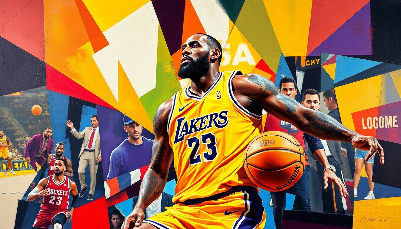 A cubist, geometric painting depicting a basketball game in motion, with the figure of LeBron James fragmented and dissolved into the abstract composition, conveying the energy and artistry of his play at an advanced age.