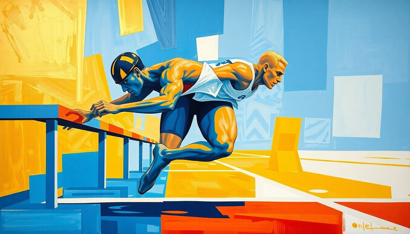 A fragmented, cubist-style painting depicting a sprinter's explosive motion at the starting blocks, with sharp geometric planes in Pacific blue, gold, and white colors.