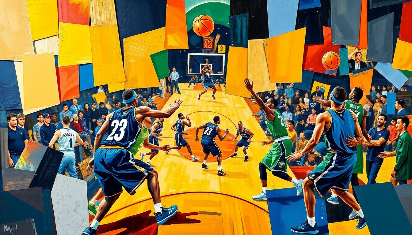 A fractured, cubist-style painting depicting the dynamic basketball action of the Nuggets-Timberwolves playoff game, with sharp geometric shapes and planes of color representing the players, court, and ball movement.
