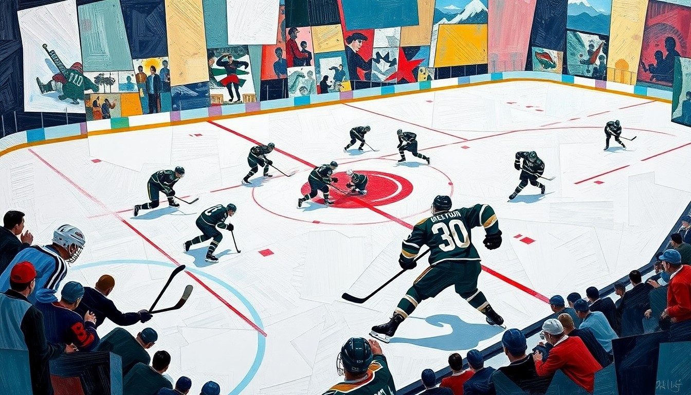 A cubist, geometric painting depicting the motion and energy of a hockey game, with fragmented shapes and planes representing the players, ice, and equipment.