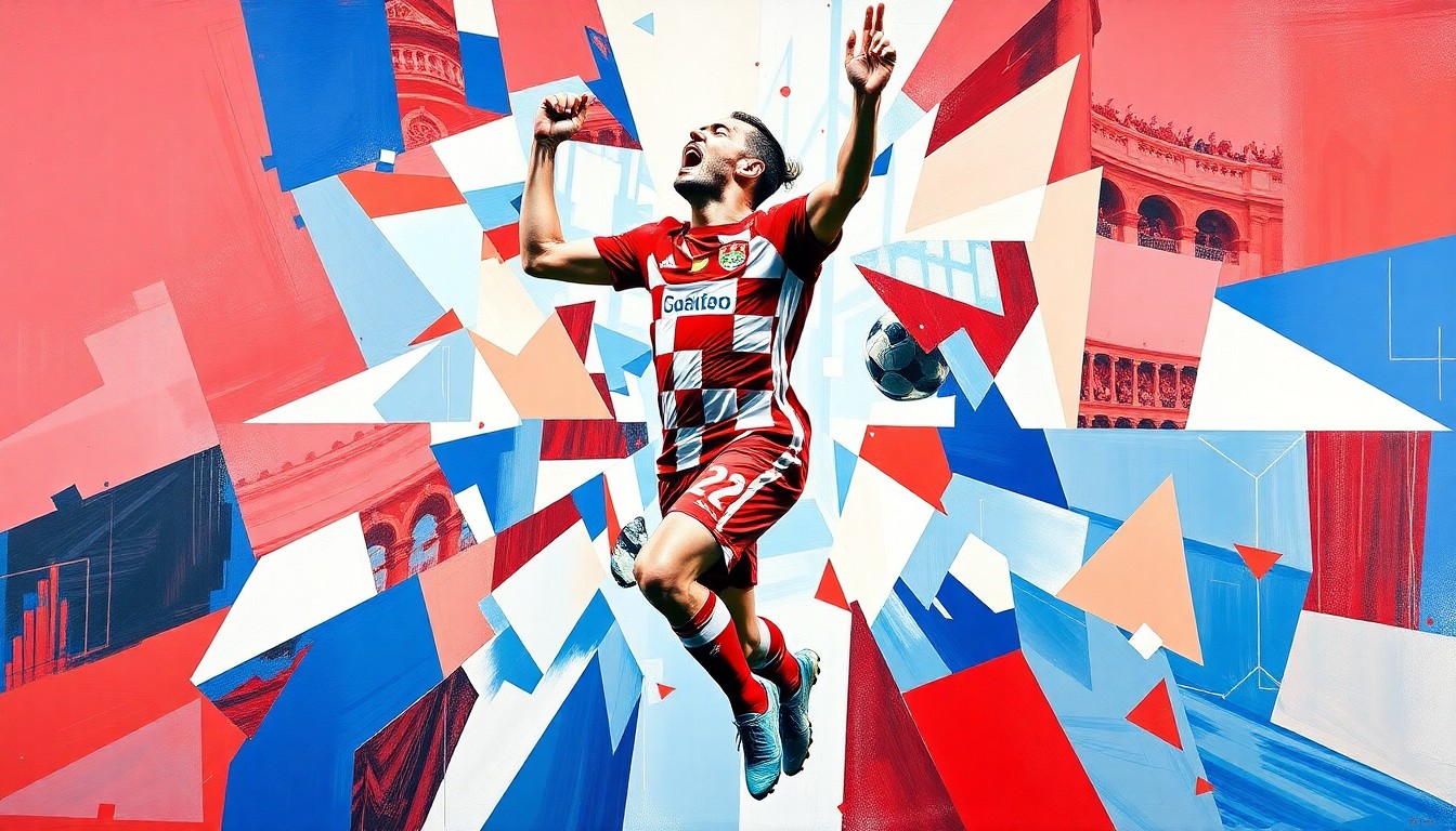 A dynamic, cubist-style painting depicting a soccer player's goal celebration, with the figure broken down into fragmented geometric shapes in the colors of the Croatian national team.