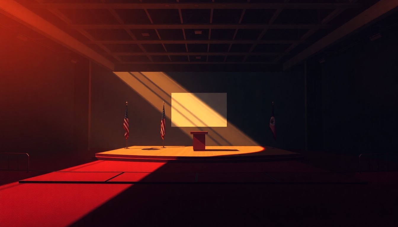 A quiet, cinematic painting of an empty political campaign office or debate stage, with warm sunlight streaming through the windows and deep shadows across the floor, conveying a sense of solitude and contemplation around the role of money in elections.