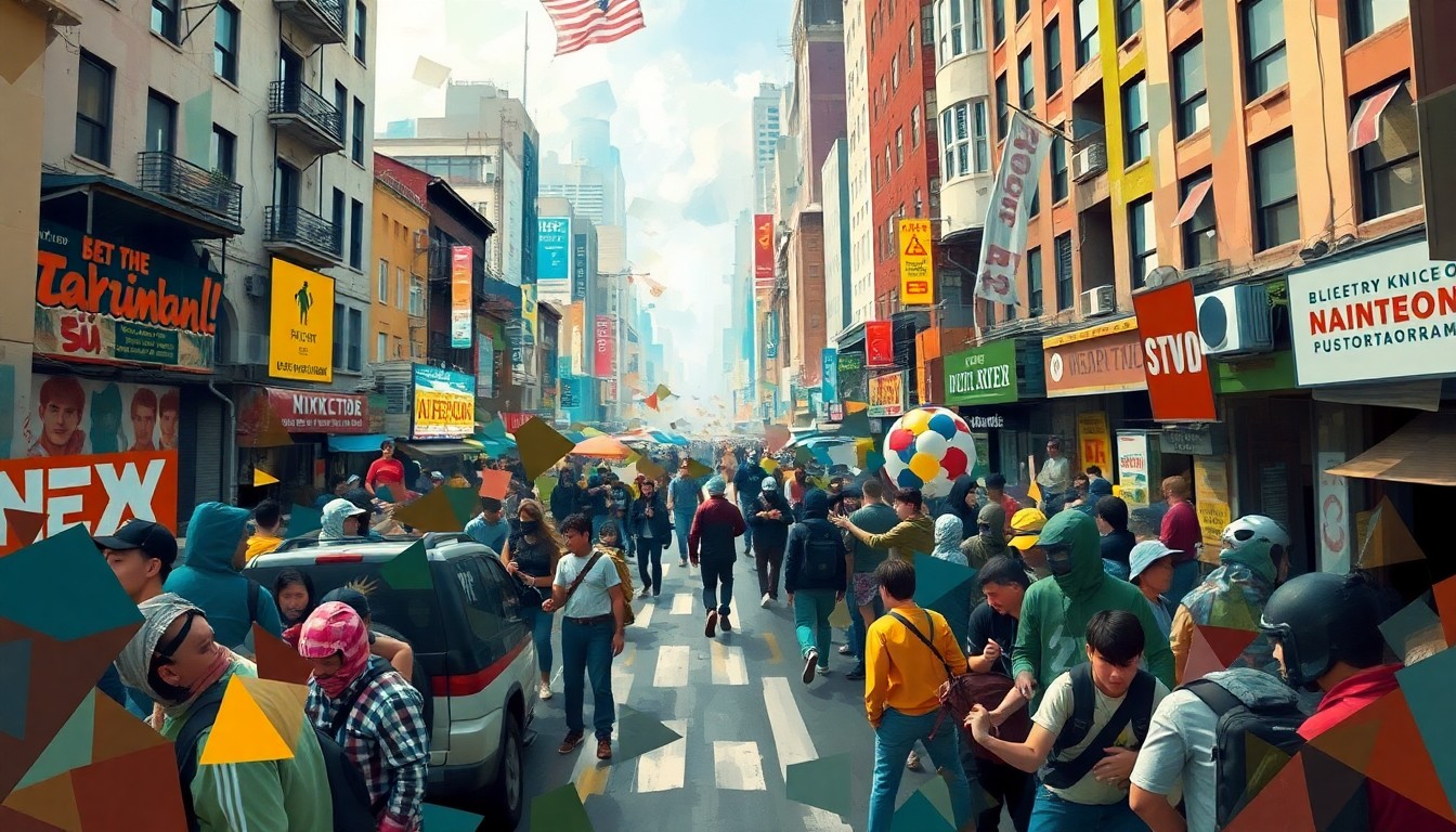 A vibrant, fractured painting of a chaotic urban street scene, with overlapping geometric shapes and brushstrokes in shades of blue, red, and yellow, conveying the sense of disruption and unrest caused by teen mob takeovers in a major city.