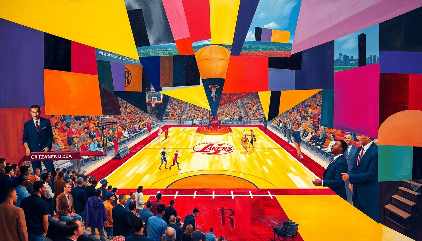 A cubist, geometric painting depicting a basketball game in progress, with overlapping planes of color representing the players and court. The dynamic composition captures the energy and intensity of the matchup between the Lakers and Rockets.