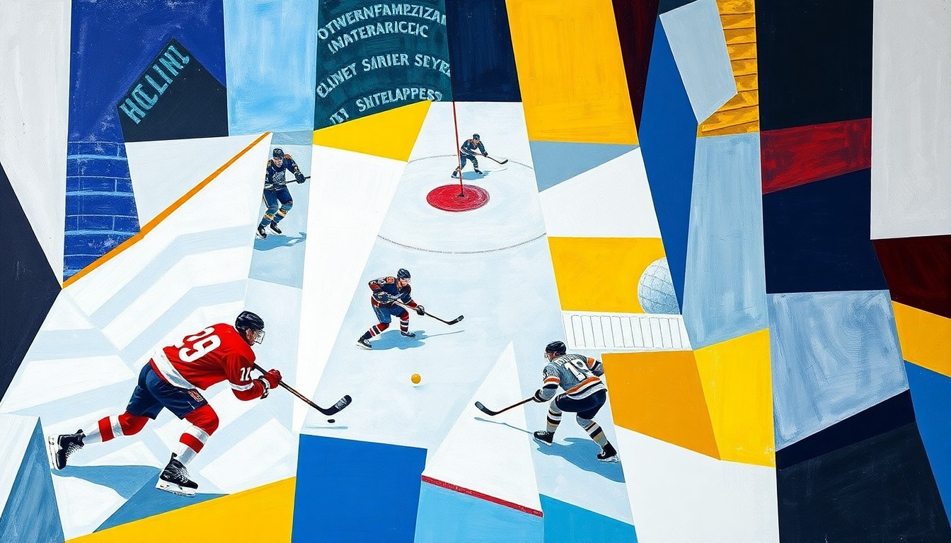A fractured, multi-perspective painting featuring sharp, overlapping geometric shapes and planes of color representing a hockey game, conveying a sense of dynamic motion and energy.