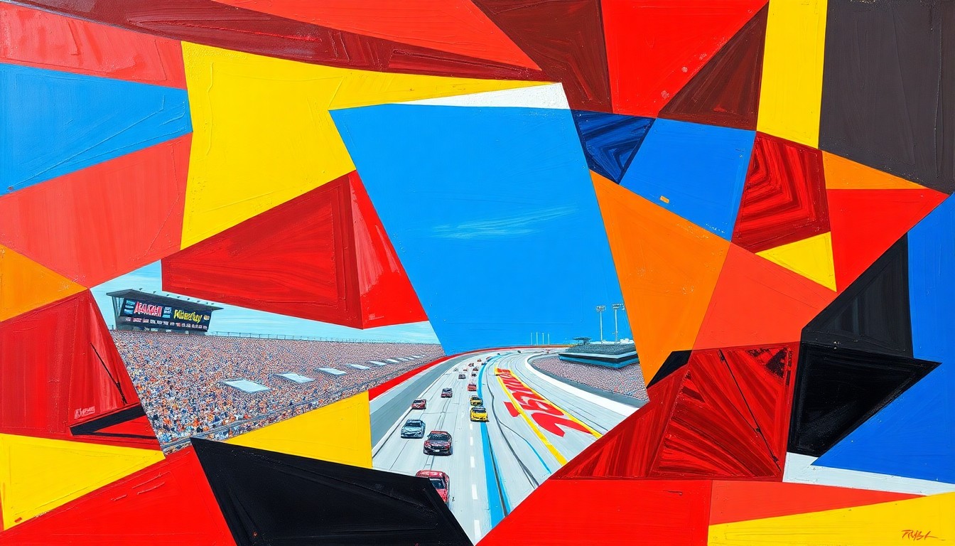 A fractured, geometric painting depicting a NASCAR race at Kansas Speedway, with sharp planes of color and overlapping perspectives capturing the dynamic energy of the event.