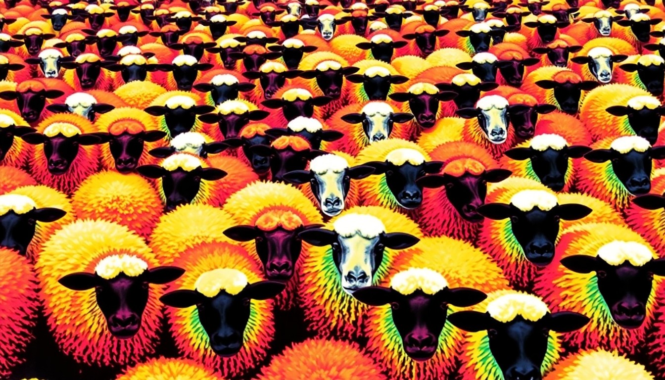 A highly stylized, abstract grid of brightly colored sheep silhouettes in neon shades of pink, green, and blue, conceptually representing the annual migration of livestock through an urban area.