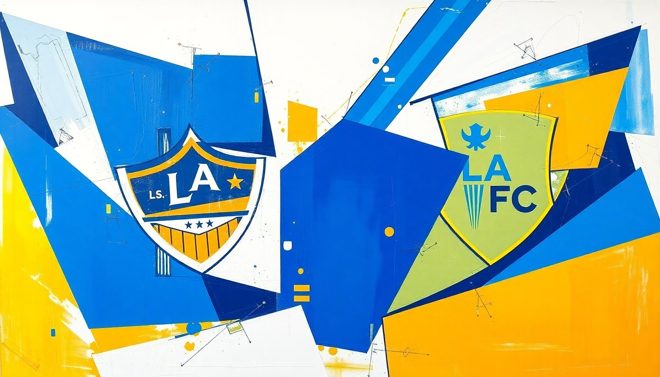 A fragmented, cubist-style painting depicting a soccer match, with players and the field broken down into geometric shapes and planes of blue, white, and gold colors.