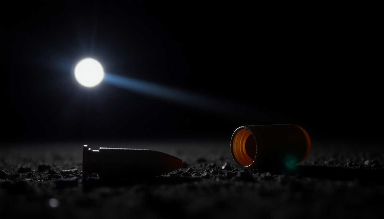 An extreme close-up photograph of a single spent shell casing on the ground, conceptually illustrating the aftermath of a shooting incident.