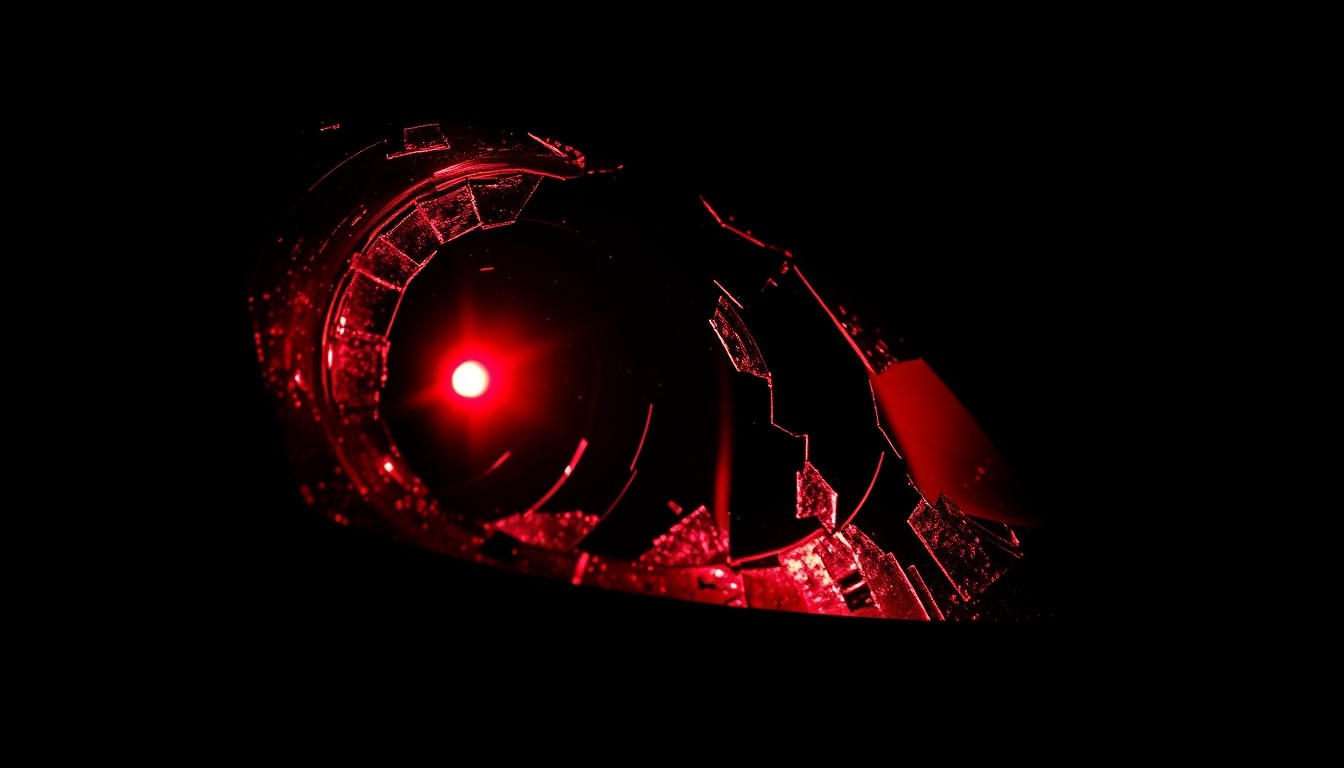 An extreme close-up of a shattered car sensor lens reflecting a faint red light, conceptually illustrating the vandalism of self-driving cars.