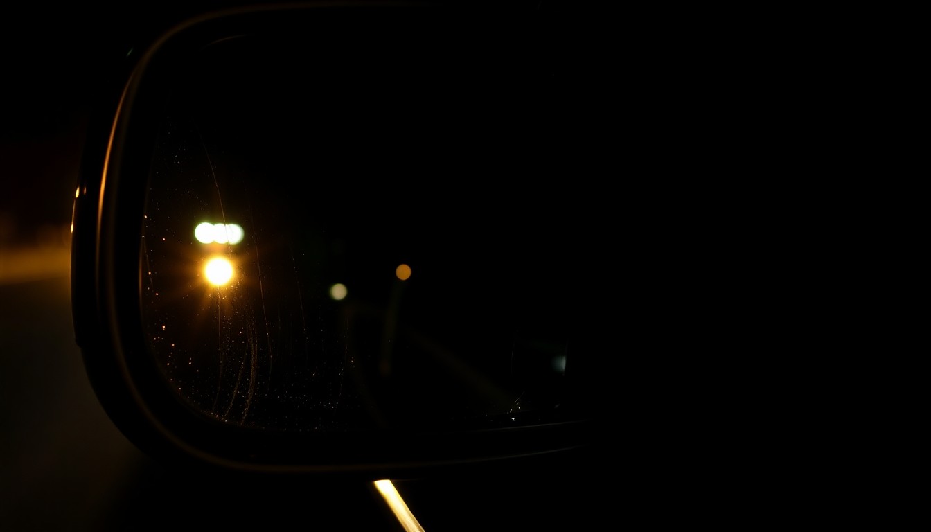 An extreme close-up of a crumpled car side mirror, reflecting a faint outline of police lights, conceptually illustrating the aftermath of a high-speed chase that ended in tragedy.