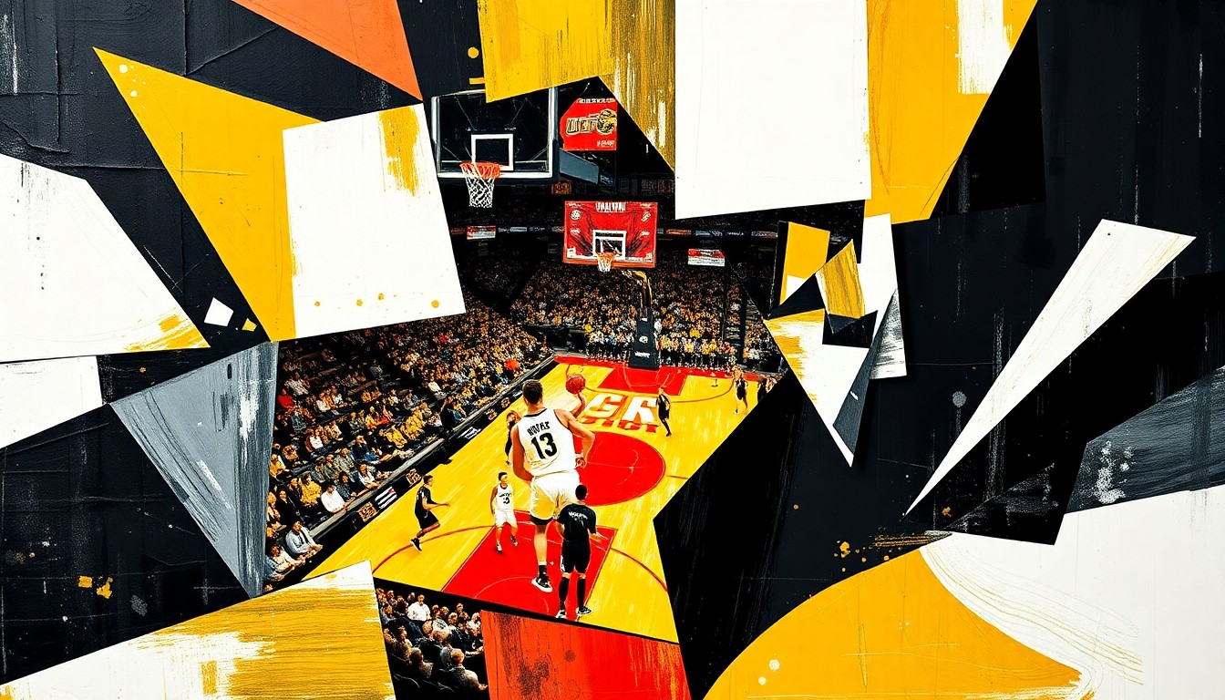 A dynamic, cubist-inspired painting depicting the action and energy of a college basketball game, with the players and court fragmented into sharp, overlapping geometric shapes in UCF's team colors.