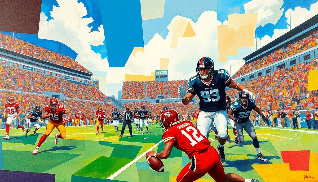 A cubist, geometric painting depicting a college football game, with fragmented, overlapping planes of players, the ball, and the stadium environment rendered in the vibrant colors of the San Diego State Aztecs and their opponent.