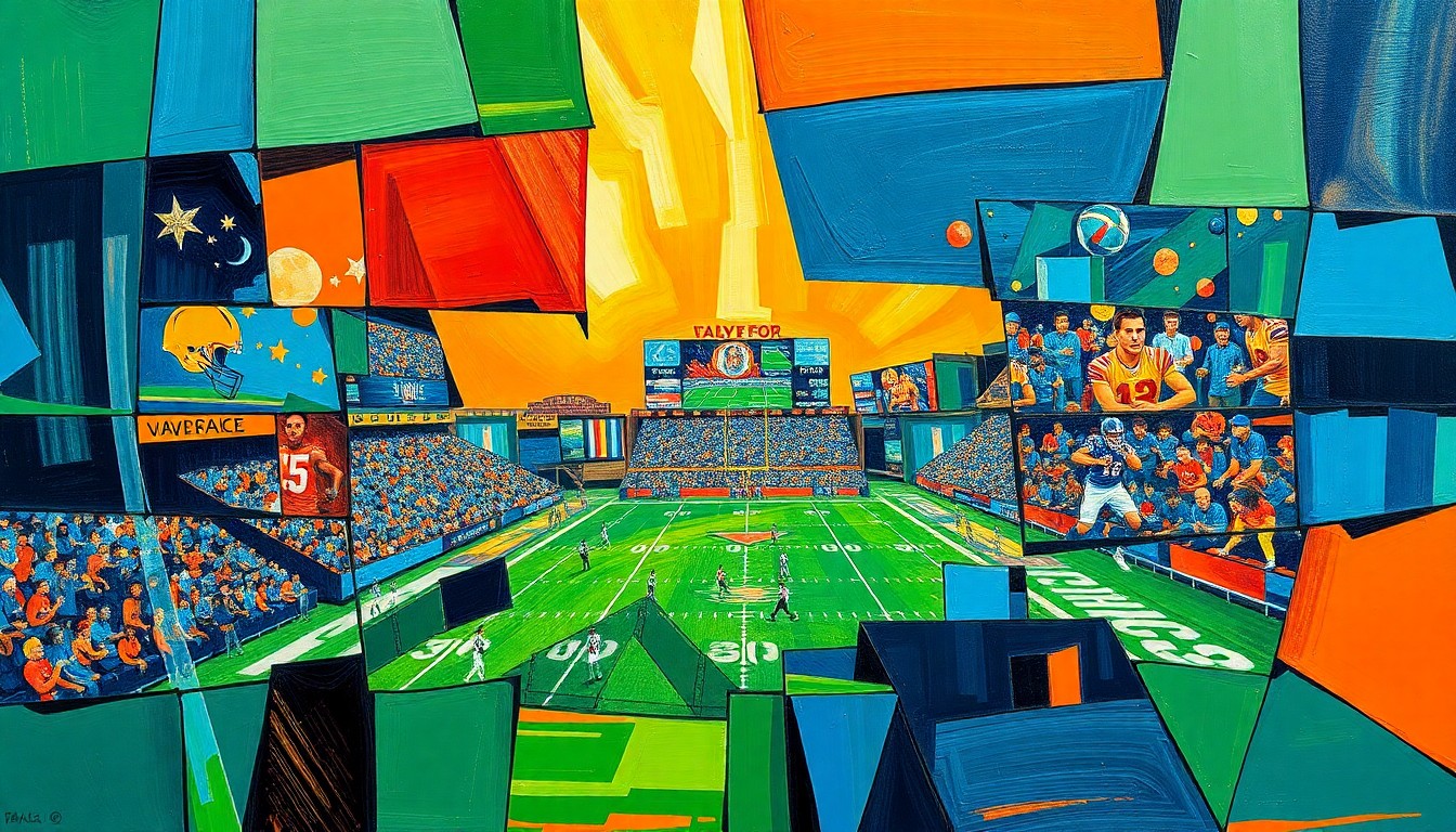 A fragmented, cubist-style painting depicting an NFL football game or draft event, with sharp geometric shapes and planes in deep blue, forest green, and burnt orange hues, conveying the complex, multi-faceted nature of modern team-building strategies.