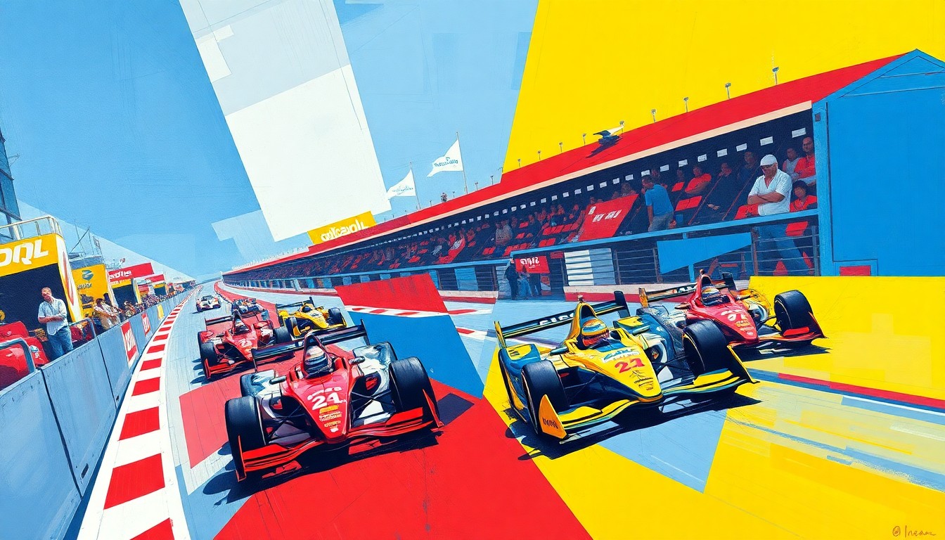 A fractured, multi-perspective painting in bold, vibrant colors depicting the action and movement of the IMSA Long Beach Grand Prix race, with no recognizable faces or logos.