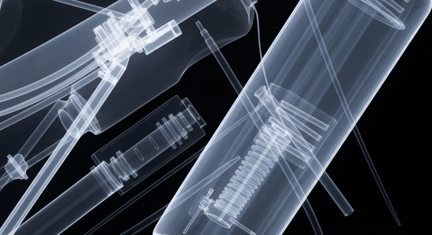 An extreme close-up X-ray photograph showing the translucent, glowing outlines of various medical devices and supplies, conceptually representing the difficulties faced by a medically fragile patient discharged to inadequate shelter facilities.
