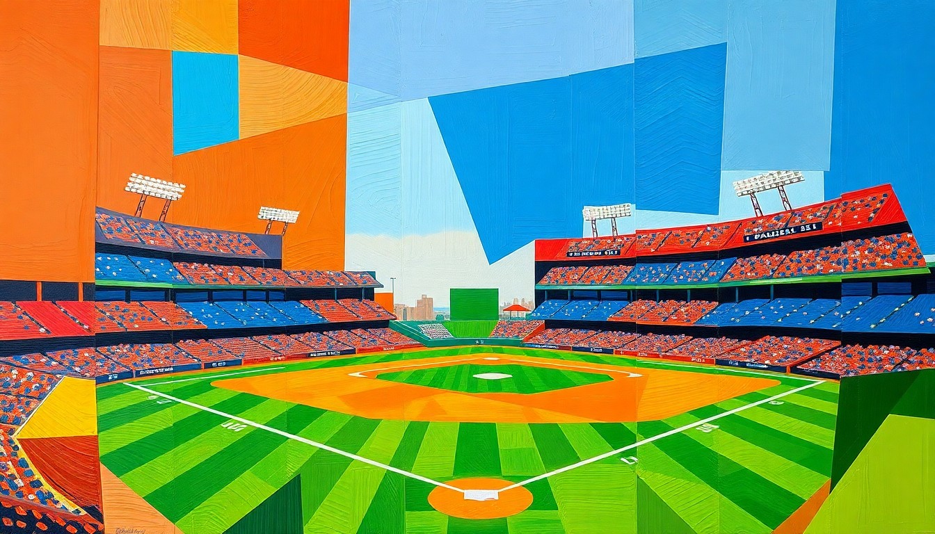 A fragmented, geometric painting in bold colors depicting various baseball actions and players, conveying the multifaceted nature of the Orioles' split squad games.