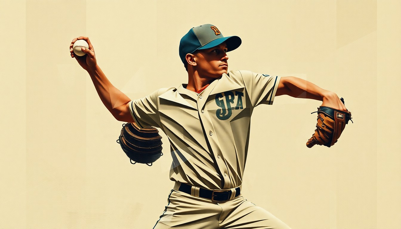 A cubist-style painting depicting a baseball pitcher's delivery broken down into fragmented geometric shapes and planes in muted earth tones, capturing the abstract motion of the pitcher's mechanics.