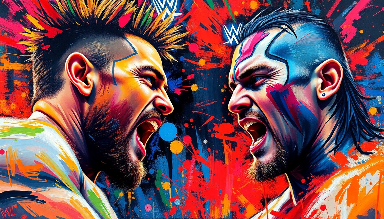 An abstract, expressionist painting in vibrant neon colors depicting the intense action and emotion of a professional wrestling match, with figures and details dissolving into energetic brushstrokes.