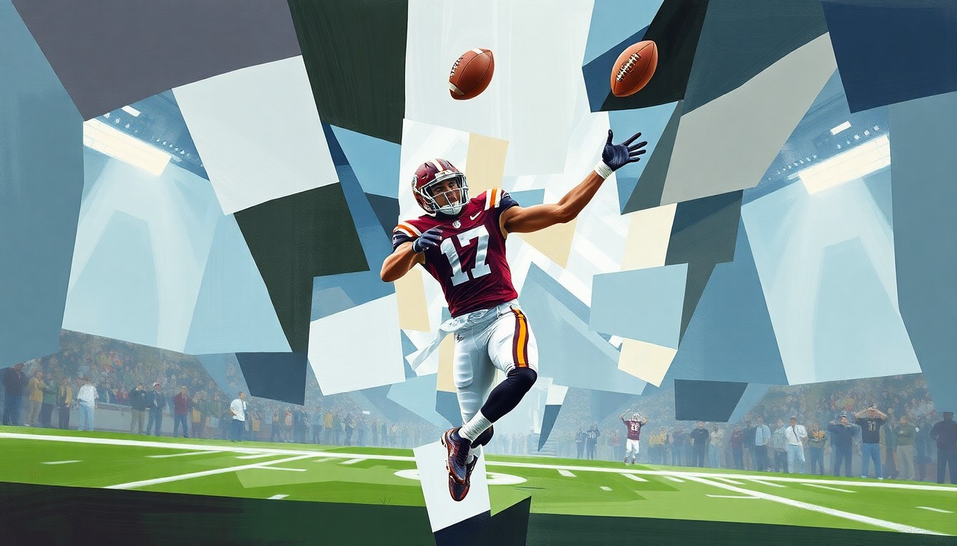 A dynamic, cubist-style painting depicting a Virginia Tech tight end catching a pass in the end zone, with the player's body and the football broken down into sharp, overlapping geometric shapes and planes.