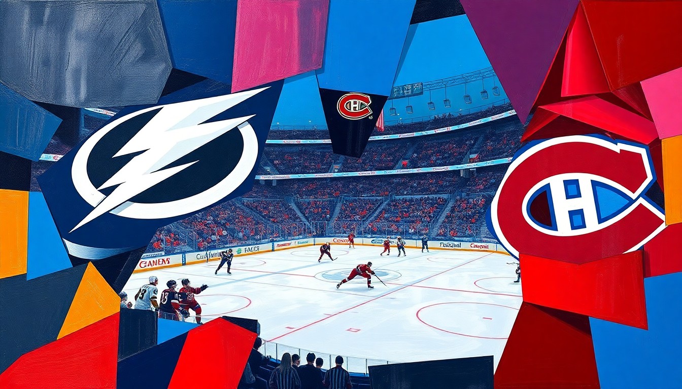 A fractured, cubist-style painting depicting the action of a hockey game, with the players and puck broken down into sharp, overlapping geometric shapes in the teams' vibrant colors.