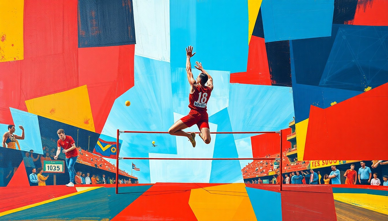 A fragmented, cubist-inspired painting depicting the explosive energy and multiple perspectives of a high jump competition, with sharp geometric shapes and bold, contrasting colors.