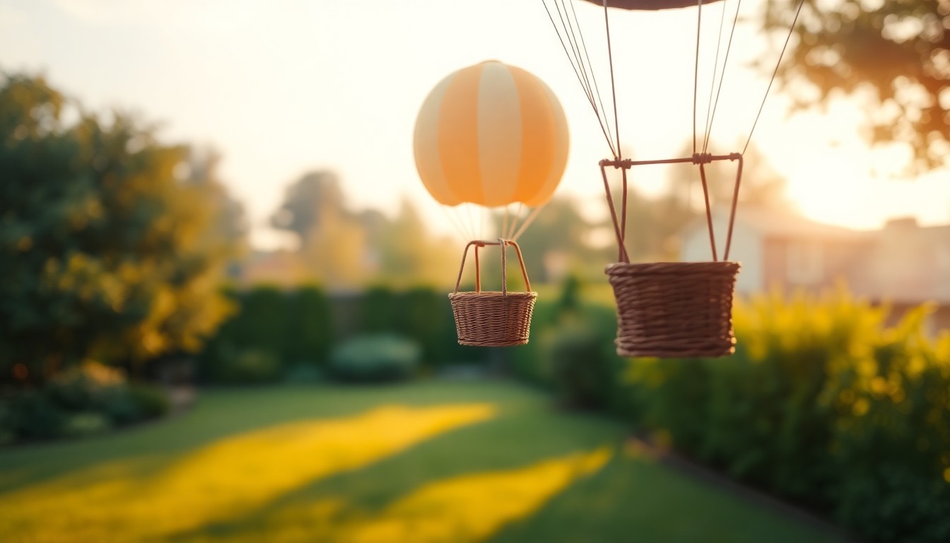An abstract, impressionistic scene of a hot-air balloon basket descending into a blurred, colorful backyard, conveying the unexpected and dreamlike nature of the incident.