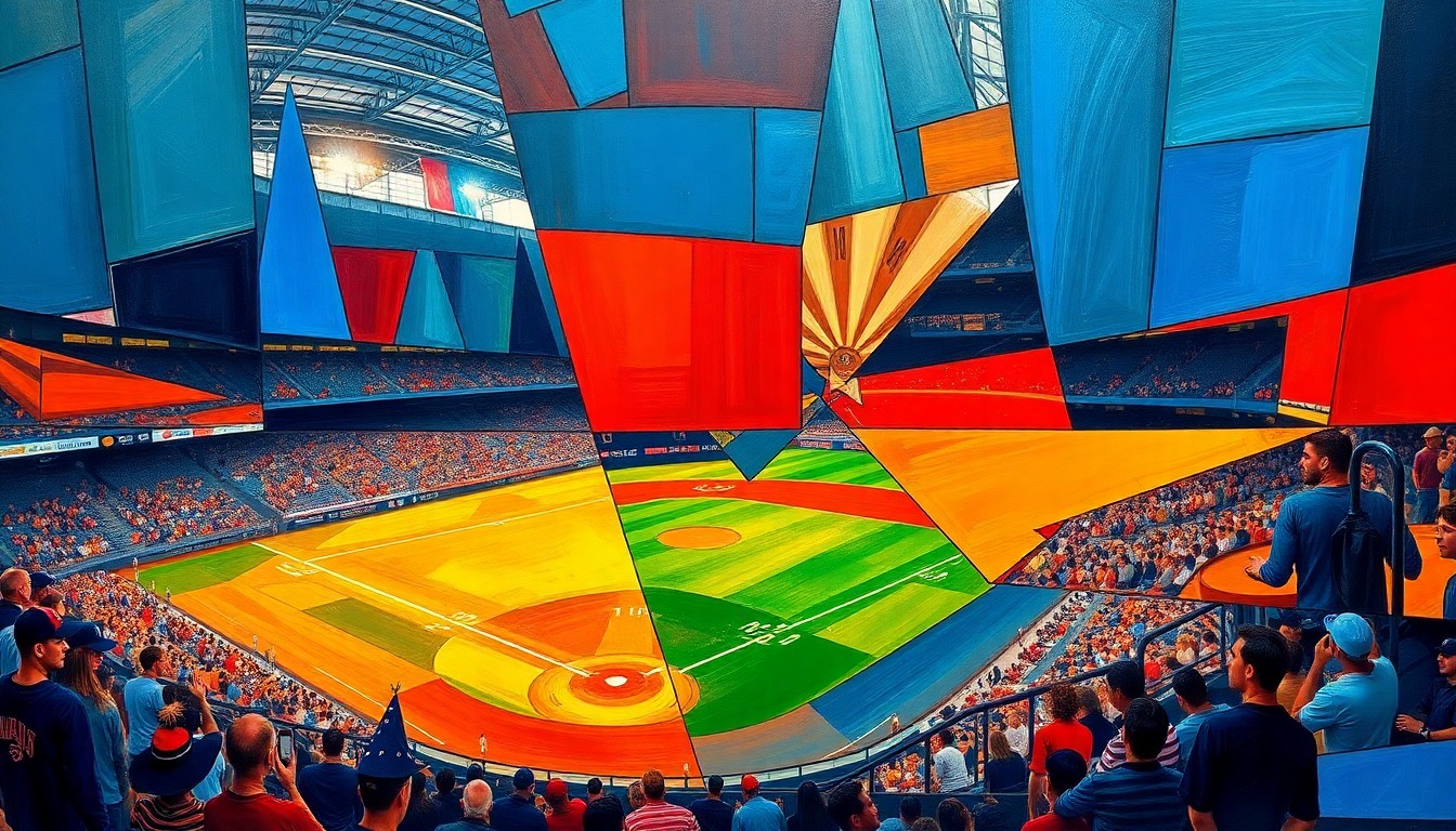 A fragmented, multi-angled painting in bold, contrasting colors depicting the action and energy of a baseball game, with the players and field broken down into sharp, overlapping geometric shapes.