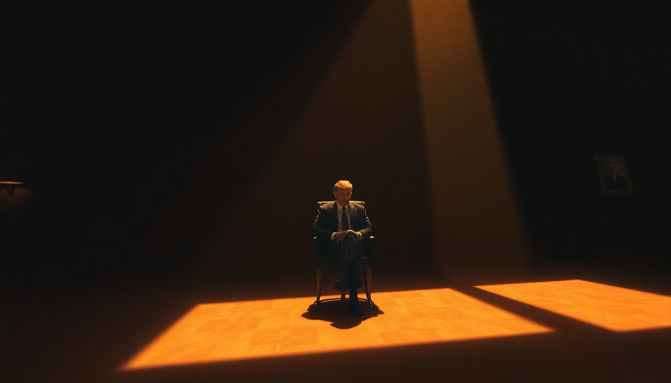 A cinematic painting depicting a solitary political figure seated alone in a dimly lit room, with warm diagonal sunlight and deep shadows creating a contemplative, nostalgic mood.