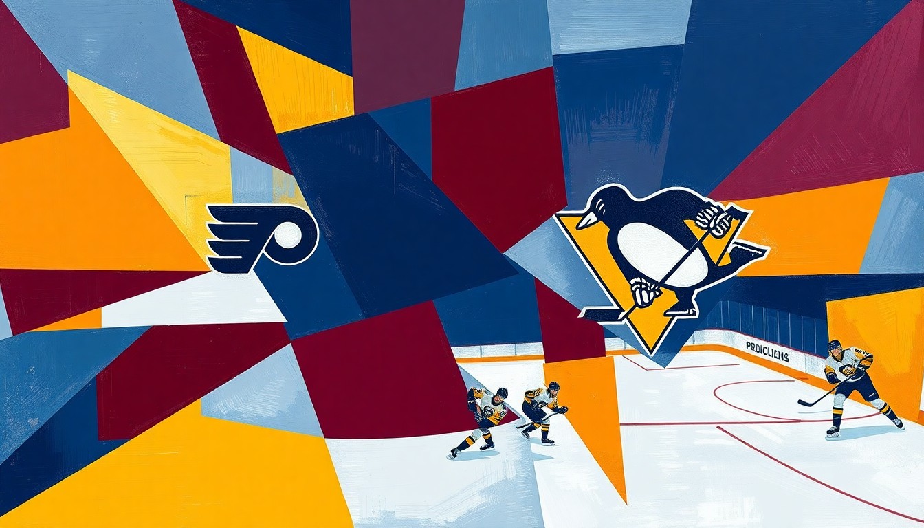 A vibrant, cubist-style painting depicting a hockey game between the Philadelphia Flyers and Pittsburgh Penguins, with the players and action broken down into sharp, overlapping geometric shapes and planes in a palette of navy, maroon, and gold.