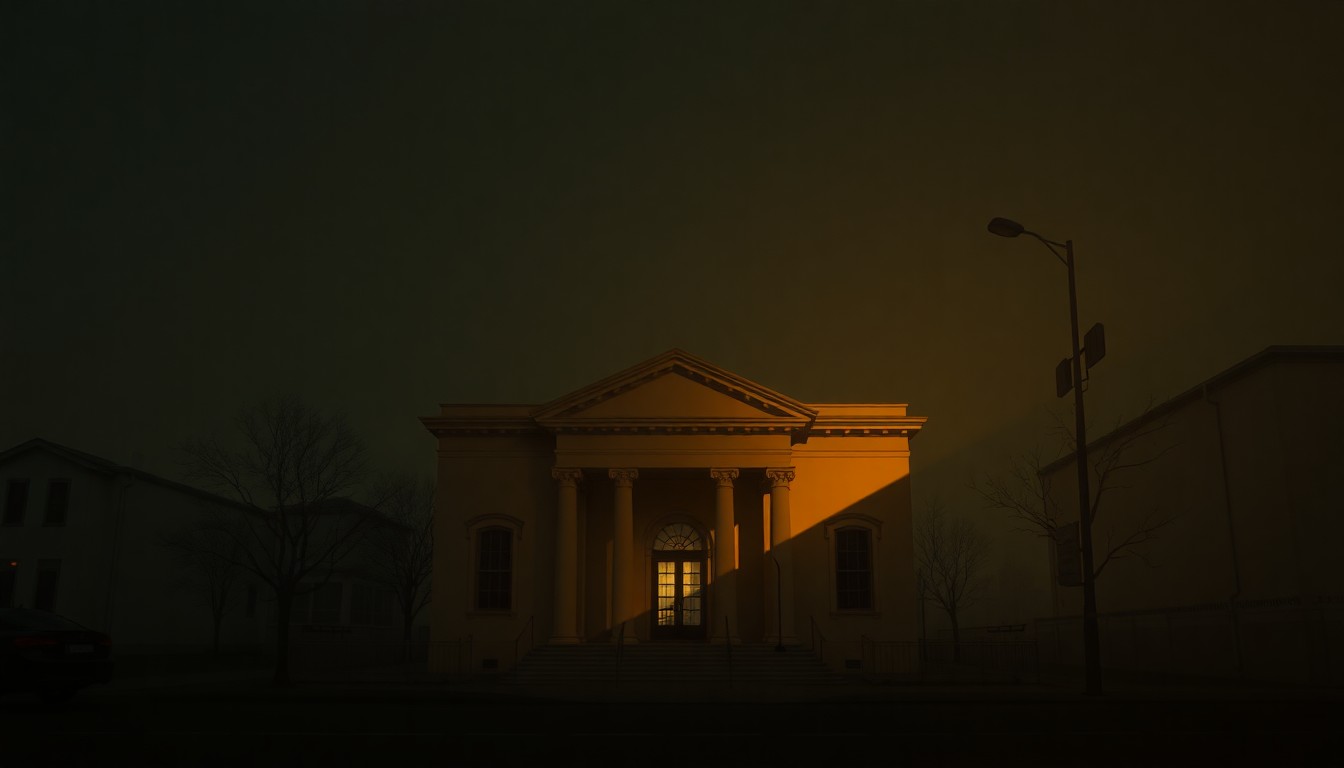 A serene, photorealistic painting of a government building in warm, golden light, conveying a sense of civic melancholy and the weight of fiscal challenges facing the city.