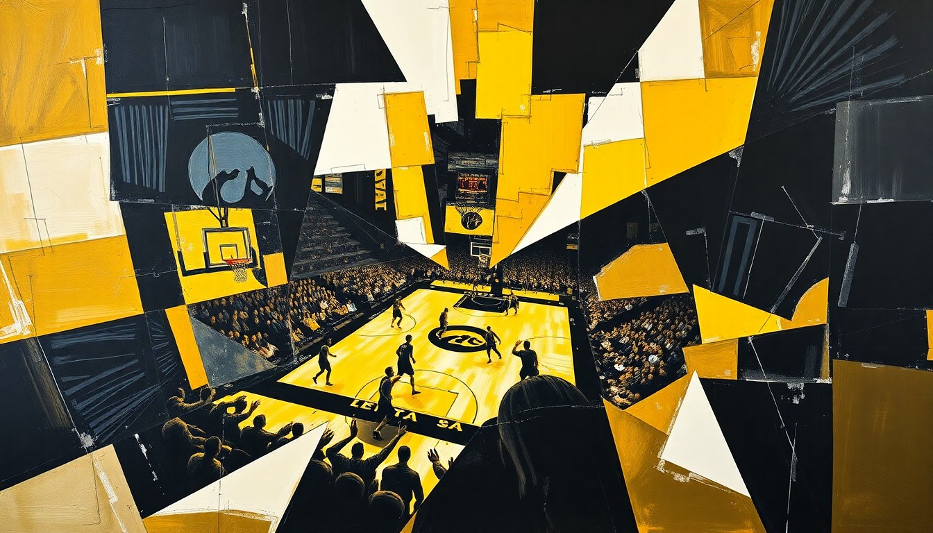 A fractured, geometric painting depicting an abstract basketball game, with sharp planes of Iowa's team colors of black, gold, and white conveying the raw energy and physicality of the sport.