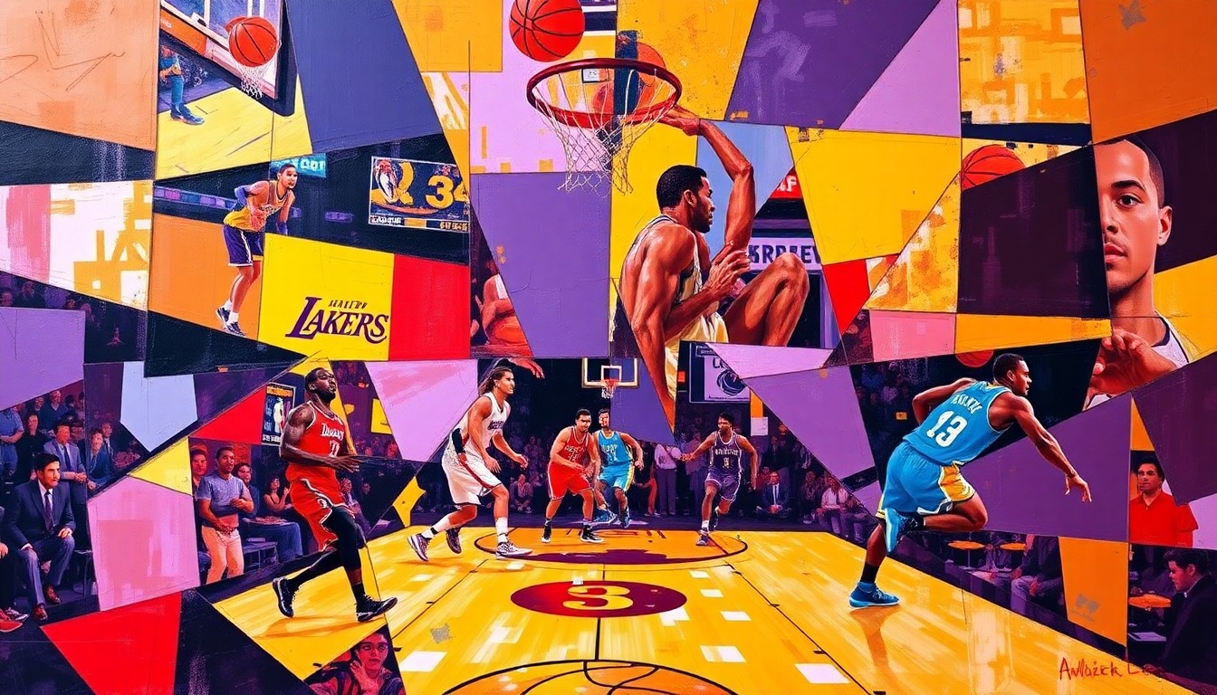 A fragmented, geometric painting depicting a basketball game, with overlapping planes of purple, gold, and red representing the players and action on the court.