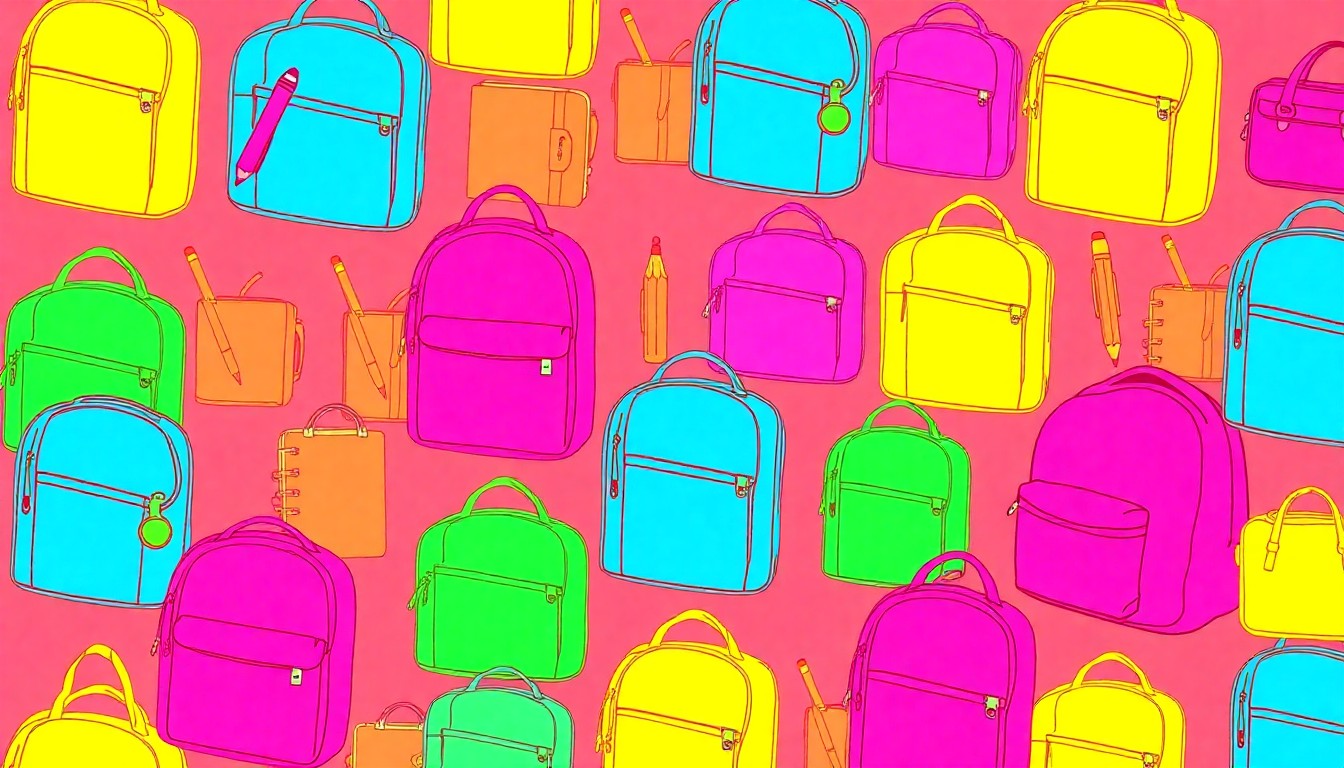 A brightly colored, high-contrast silkscreen print of a backpack repeated in a tight grid pattern, conceptually representing the disruption to education caused by the LAUSD strike.