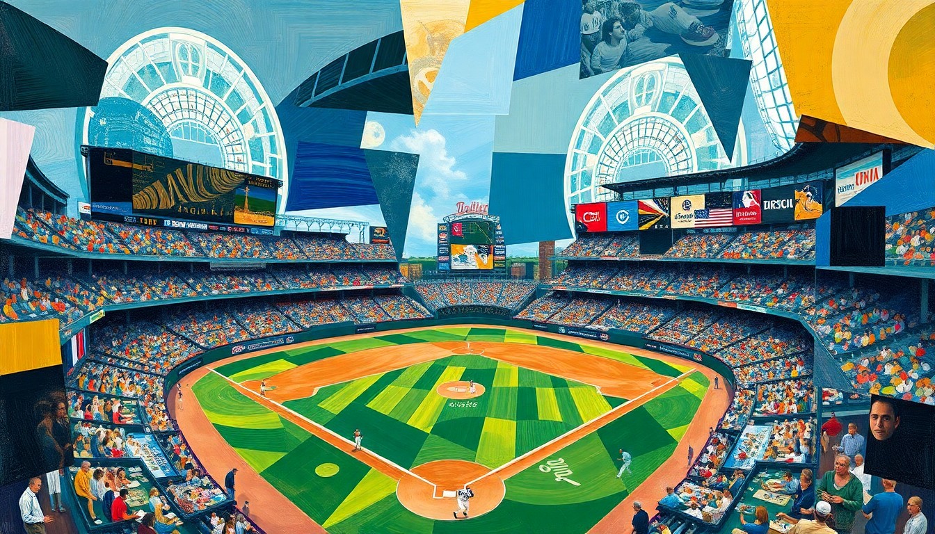 A cubist, geometric painting depicting a baseball game, with overlapping planes of color and shape representing the dynamic action on the field.