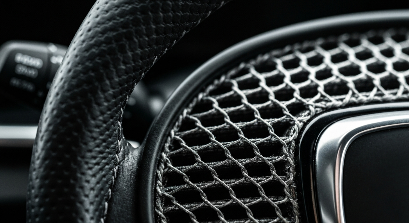 An extreme close-up photograph showcasing the intricate textures and patterns of an automobile's interior materials, such as the pebbled leather of a steering wheel or the woven mesh of an air filter. The image is dramatically lit, highlighting the rich colors and hidden complexity of the vehicle's construction.