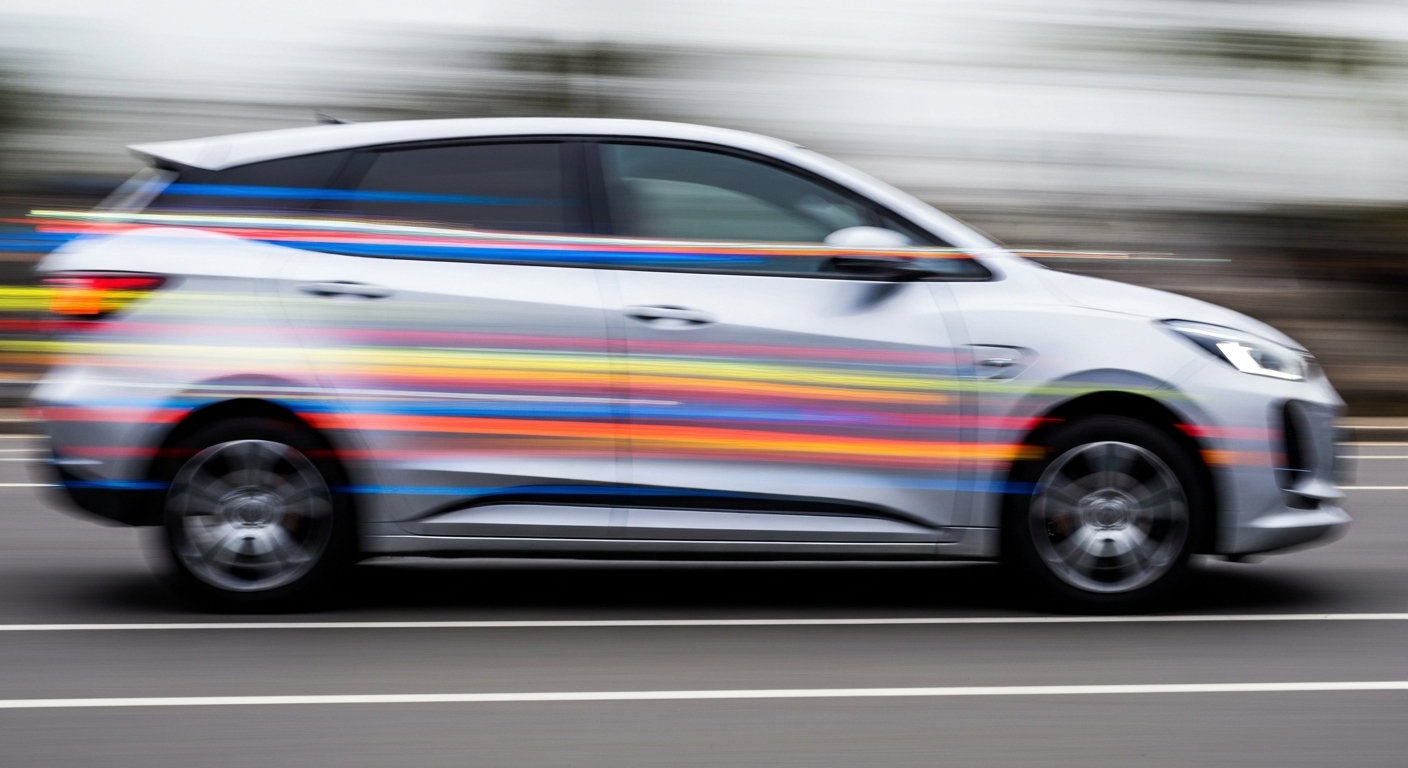 An abstract, colorful image created with a slow shutter speed and panning motion, depicting a blurred electric vehicle in motion to symbolize the rapid pace of change in the automotive industry.