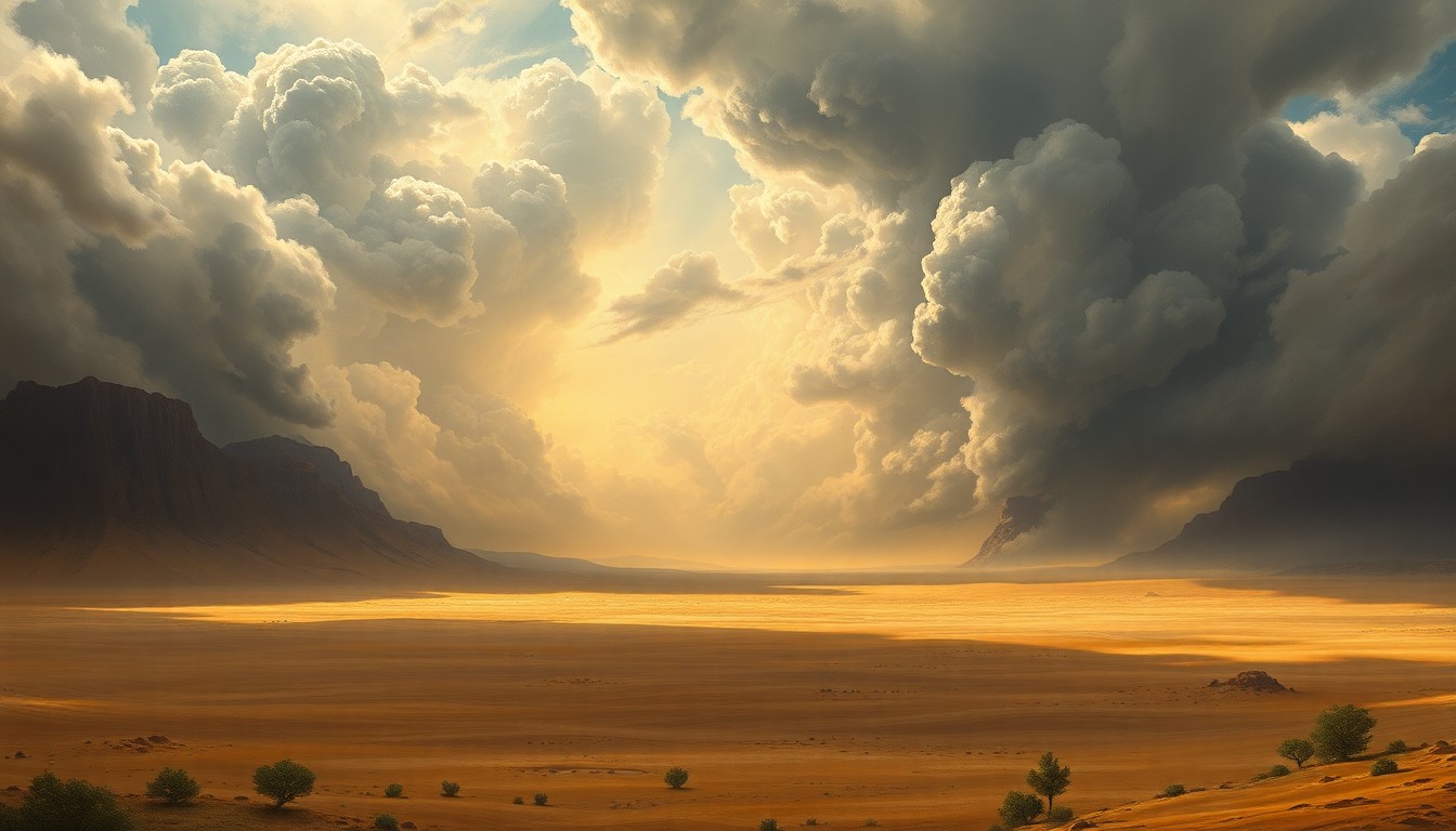 A sweeping, atmospheric landscape painting in muted earth tones, with towering thunderclouds and a hazy, golden horizon, conveying the overwhelming scale and power of the natural world in New Mexico.