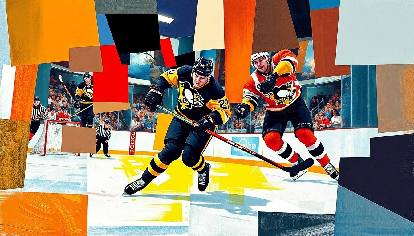 A cubist-style painting depicting a hockey player scoring a goal, with the player's body and the puck broken down into sharp, overlapping geometric shapes and planes in the team colors of the Pittsburgh Penguins and Philadelphia Flyers.