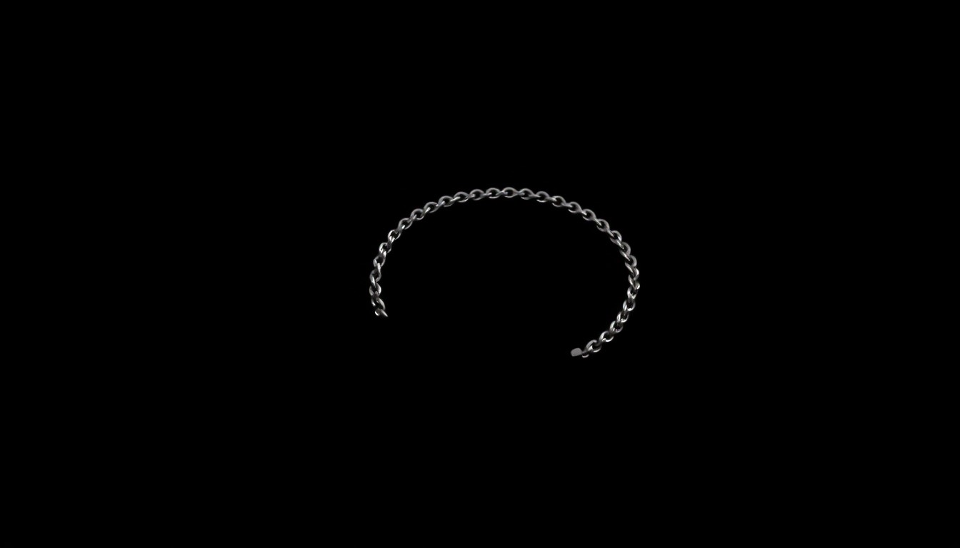 An extreme close-up photograph of a silver bracelet or necklace against a pitch-black background, lit by a harsh, direct camera flash, creating a stark, gritty, investigative aesthetic.