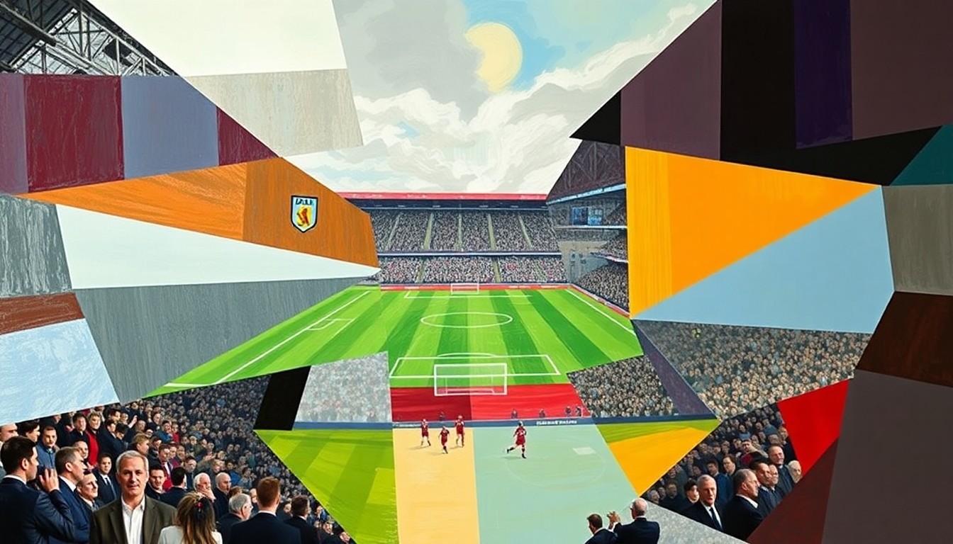 A cubist, geometric painting depicting an abstract football match between Aston Villa and Sunderland, with sharp, overlapping planes of color and form representing the action on the pitch.